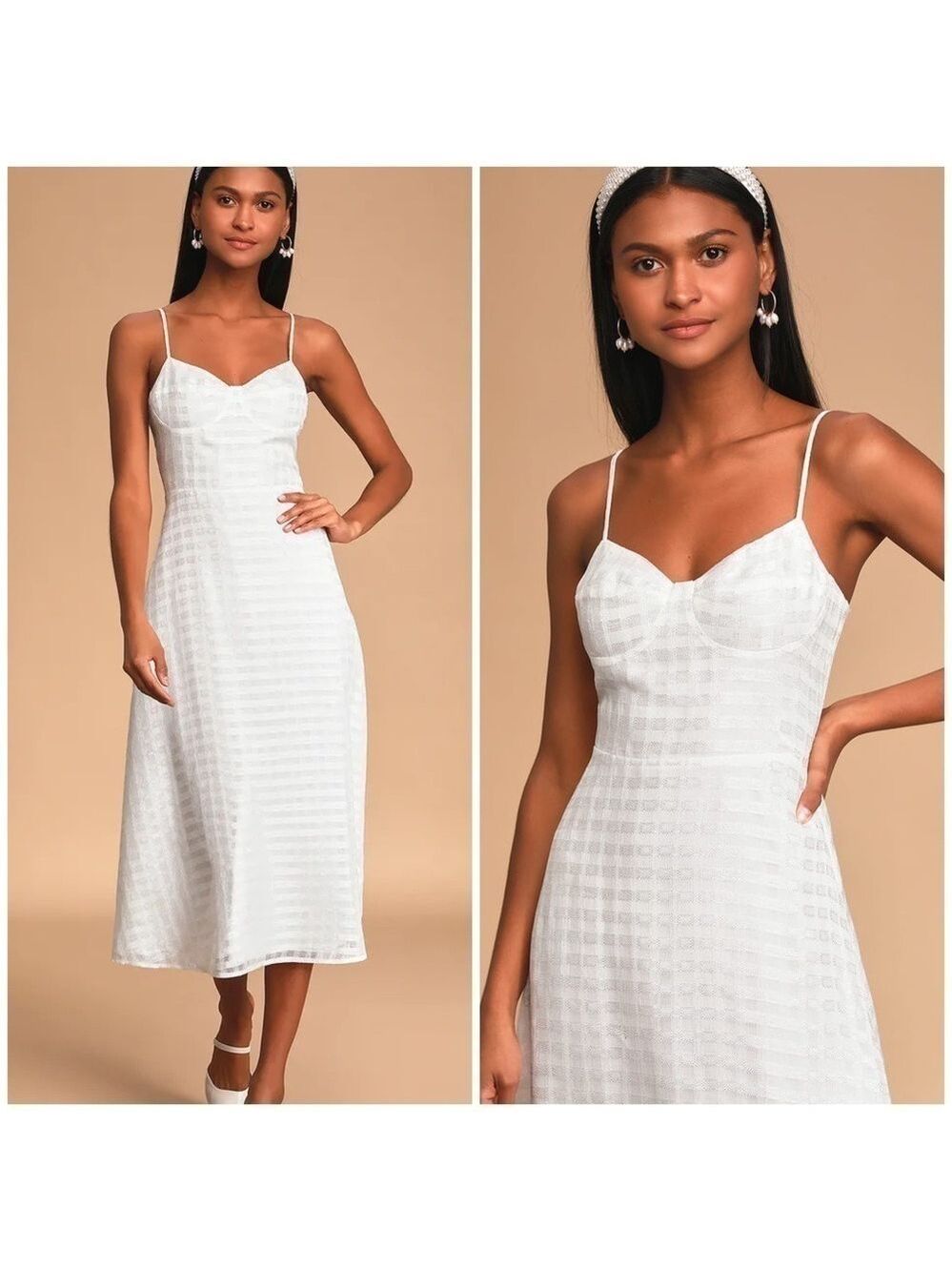 Lulu’s Holding on White Plaid Mesh Sleeveless Midi Dress